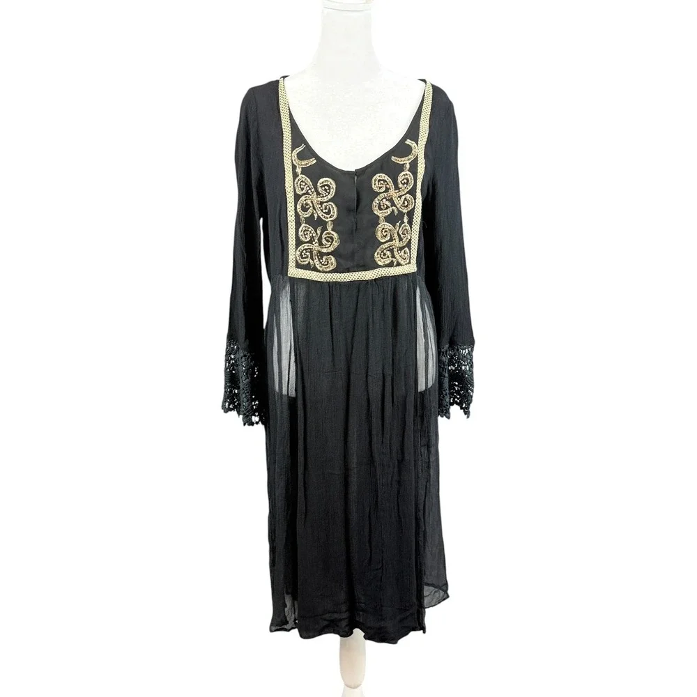 Free People Mini Dress Small Black Gold Embroidered Lace Bell Sleeve Boho Witchy